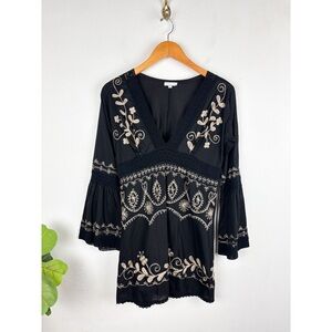 Debbie Katz Embroidered Black Flare Sleeve Mini Dress Sz S